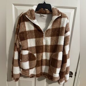 Heyson Oversized 1/4 Zip Sherpa Tan White Plaid Snap Pockets Lined Size S